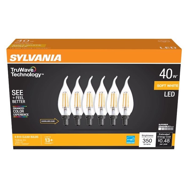 Sylvania Sylvania Truwave B10 E12 (Candelabra) LED Bulb Soft White 40 Watt Equivalence 6 pk 41319 - main